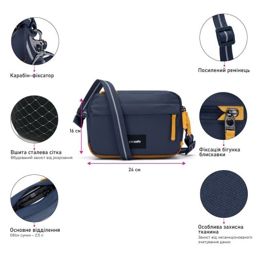Сумка через плече Pacsafe GO crossbody 2.5 л темно-синя антизлодій 6 ступенів захисту - 35105660