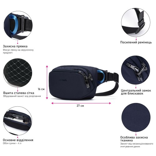 Сумка на пояс Pacsafe V Hip Pack 4 л темно-синя антизлодій 5 ступенів захисту - 60141658
