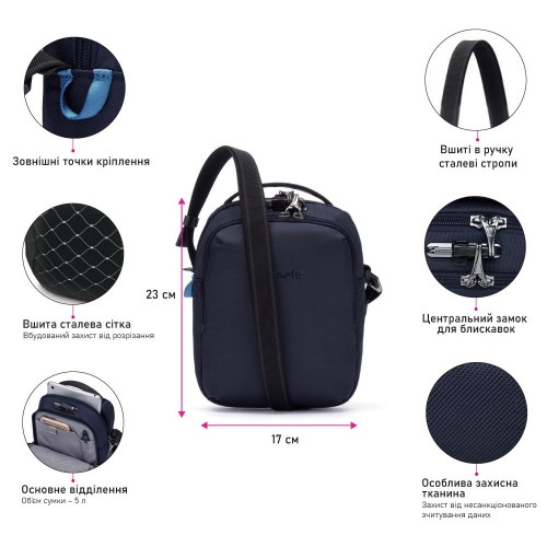 Сумка через плече Pacsafe V Companion Crossbody 5 л темно-синя антизлодій 5 ступенів захисту - 61105658